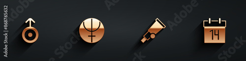 Set Symbol Uranus, Neptune planet, Telescope and Calendar icon with long shadow. Vector