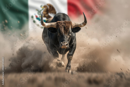 Fondo con toro corriendo de frente a la cámara entre polvo de arena y la bandera de México desenfocada detrás de el, concepto celebraciones y fiestas mexicanas photo
