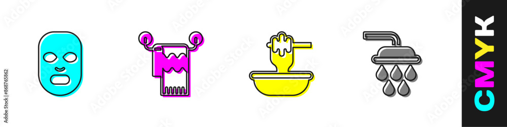 Set Facial cosmetic mask, Towel on hanger, Honey dipper stick with bowl and Shower icon. Vector Set Facial cosmetic mask, Towel on hanger, Honey dipper stick with bowl and Shower icon. Vector