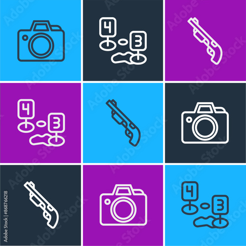 Set line Photo camera, Police shotgun and Marker of crime scene icon. Vector