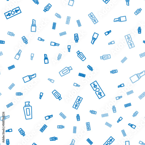 Set line Bottle of shampoo, Acne and Lipstick on seamless pattern. Vector