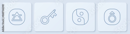 Set line Air element, Yin Yang, Old key and Mars. White square button. Vector