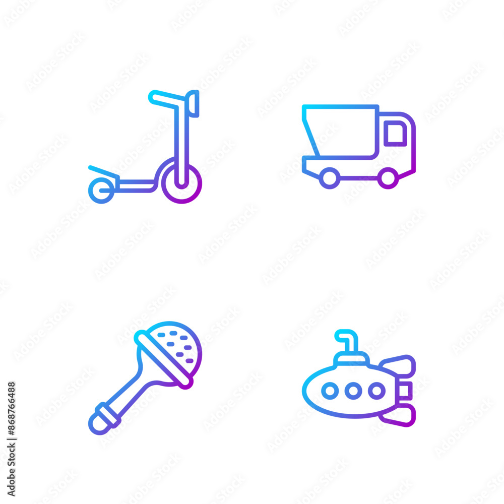 Set line Submarine toy, Rattle baby, Roller scooter and Toy truck. Gradient color icons. Vector Set line Submarine toy, Rattle baby, Roller scooter and Toy truck. Gradient color icons. Vector