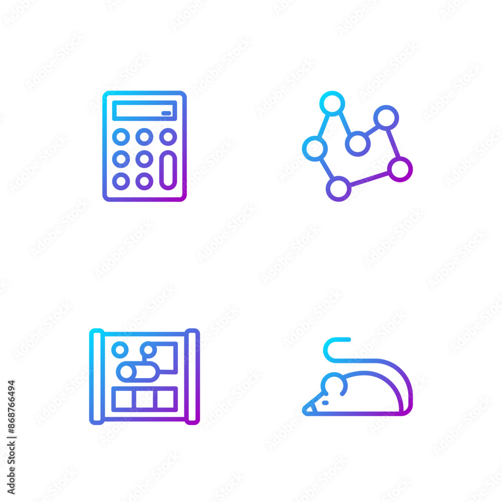 Set line Experimental mouse, Graphing paper for engineering, Calculator and Chemical formula. Gradient color icons. Vector Set line Experimental mouse, Graphing paper for engineering, Calculator and Chemical formula. Gradient color icons. Vector