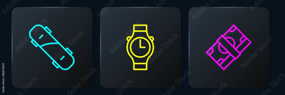 Set line Skateboard, Stacks paper money cash and Wrist watch. Black square button. Vector Set line Skateboard, Stacks paper money cash and Wrist watch. Black square button. Vector