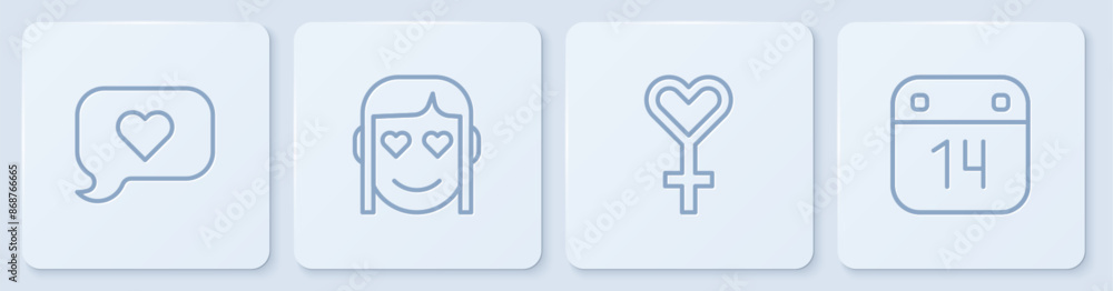 Set line Heart in speech bubble, Female gender symbol, Romantic girl and Calendar with February 14. White square button. Vector
