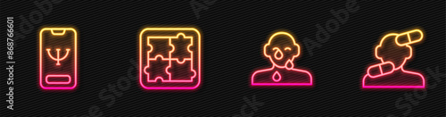 Set line Tear cry eye, Online psychological counseling, Solution problem psychology and Sedative pills. Glowing neon icon. Vector