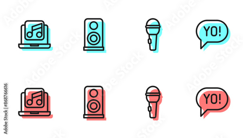Set line Microphone, Laptop with music, Stereo speaker and Yo slang lettering icon. Vector