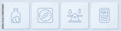 Set line Ore mining, Oil money, Compass and Seismograph. White square button. Vector