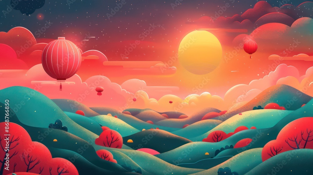 Fototapeta premium Whimsical landscape with balloons, rolling hills and vibrant sunset
