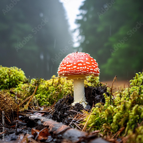 A red and white toadstool (amanita muscaria/fly agaric) sitting on the ground of a large forest on a rainy day surrounded by moss.