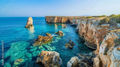 Cliffs adorned with unique rock formations and arches, with the clear, blue sea stretching out to the horizon 