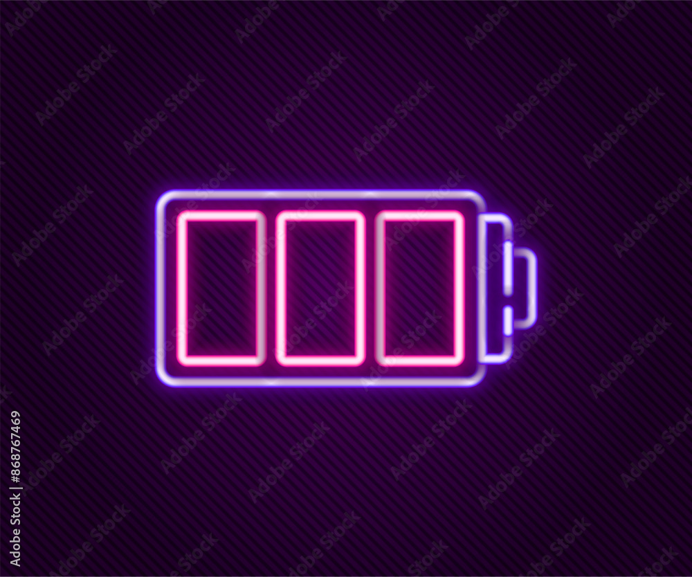 Glowing neon line Battery charge level indicator icon isolated on black background. Colorful outline concept. Vector Glowing neon line Battery charge level indicator icon isolated on black background. Colorful outline concept. Vector