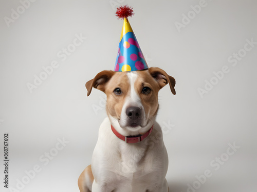 3D image of Dog celebrating with party hat,with white background, © TexasOptics