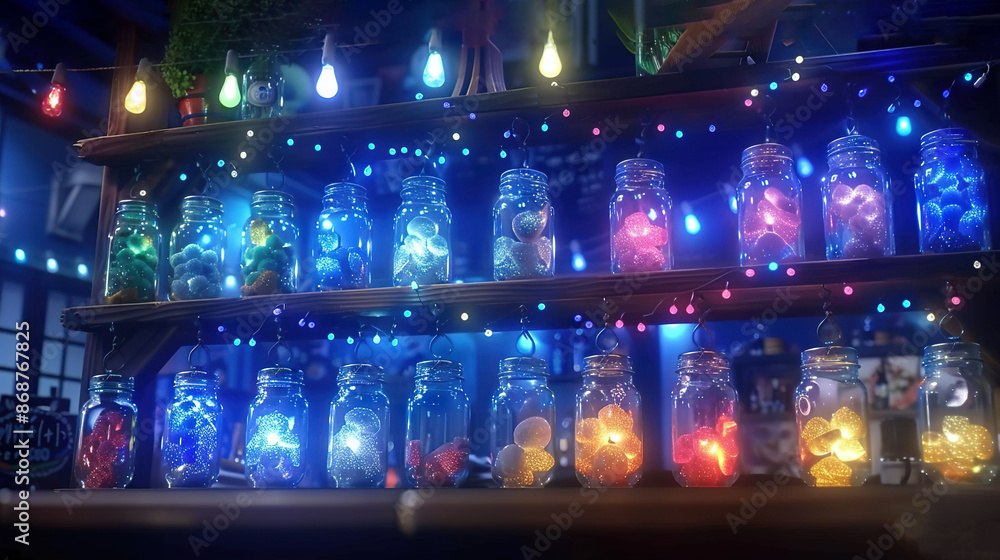 Fototapeta premium A room with a windowsill filled with various glass jars holding diverse lighting options