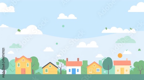 Colorful spring day with houses and trees under a clear blue sky