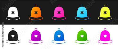 Set British police helmet icon isolated on black and white background. Vector