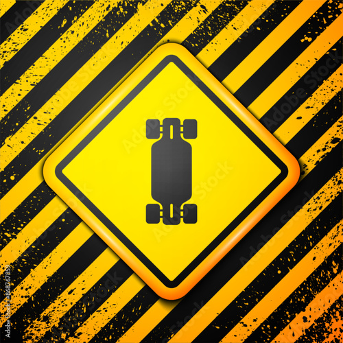 Black Longboard or skateboard cruiser icon isolated on yellow background. Extreme sport. Sport equipment. Warning sign. Vector