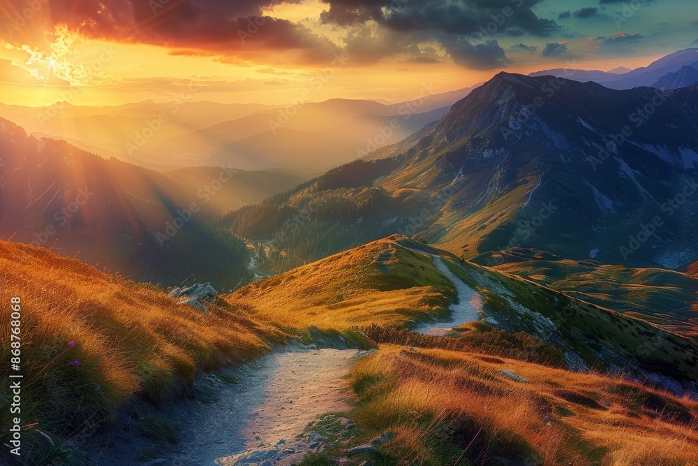 Fototapeta premium Winding mountain path with switchbacks, offering stunning views of deep valleys, distant peaks, and a vibrant sunset