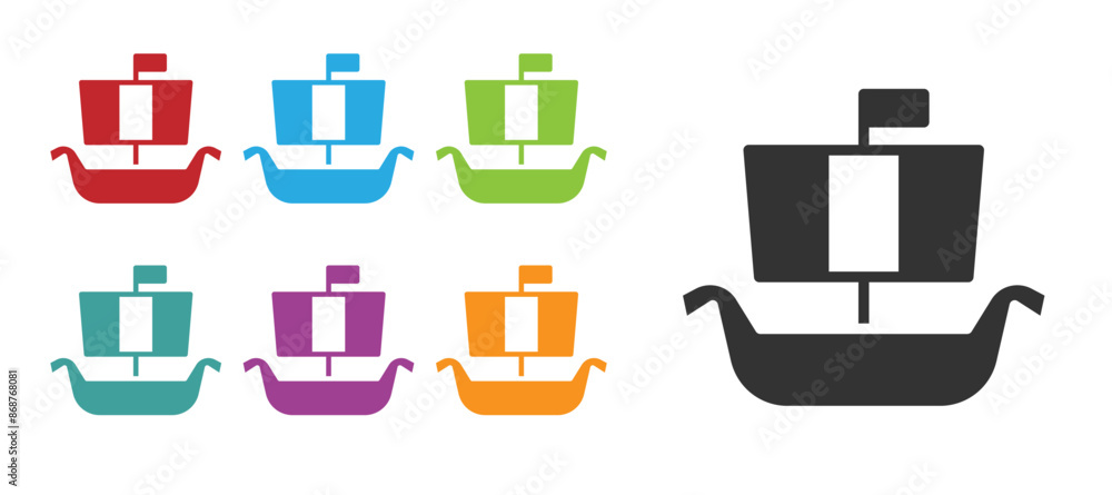 Black Ancient viking scandinavian drakkar icon isolated on white background. Viking transport ship. Set icons colorful. Vector Black Ancient viking scandinavian drakkar icon isolated on white background. Viking transport ship. Set icons colorful. Vector