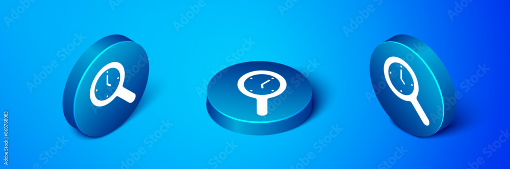 Isometric Magnifying glass with clock icon isolated on blue background. Clock search. Blue circle button. Vector Isometric Magnifying glass with clock icon isolated on blue background. Clock search. Blue circle button. Vector