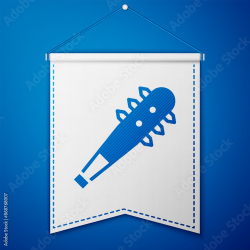 Blue Medieval chained mace ball icon isolated on blue background. Morgenstern medieval weapon or mace with spikes. White pennant template. Vector