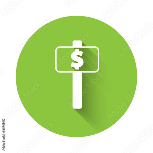 White Hand holding auction paddle icon isolated with long shadow background. Bidding concept. Auction competition. Hands rising signs with BID inscriptions. Green circle button. Vector