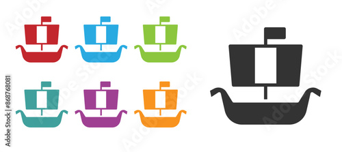 Black Ancient viking scandinavian drakkar icon isolated on white background. Viking transport ship. Set icons colorful. Vector