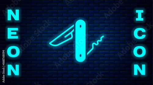Glowing neon Swiss army knife icon isolated on brick wall background. Multi-tool, multipurpose penknife. Multifunctional tool. Vector