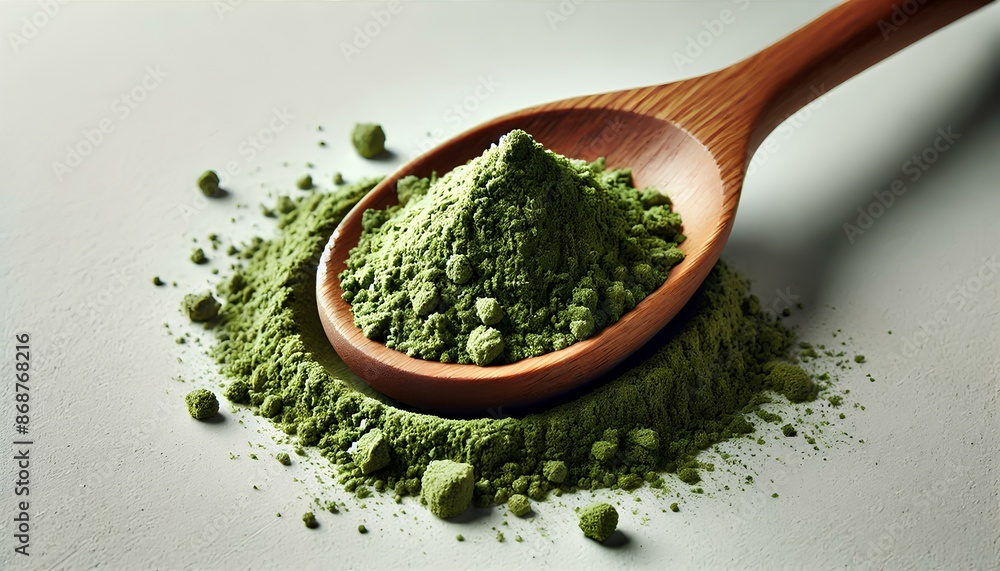 Wooden spoon scooping green tea powder on white background, showcasing texture and color. Wooden spoon scooping green tea powder on white background, showcasing texture and color.
