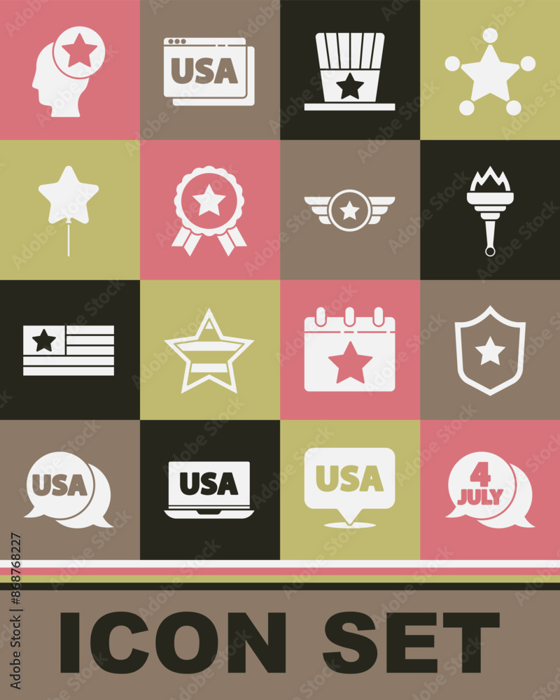 Set USA Independence day, Police badge, Torch flame, Patriotic American top hat, Medal with star, Balloon, Head and Star military icon. Vector Set USA Independence day, Police badge, Torch flame, Patriotic American top hat, Medal with star, Balloon, Head and Star military icon. Vector