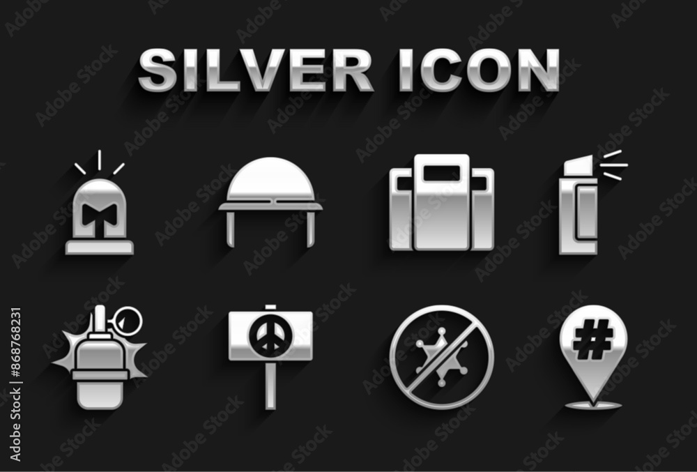 Set Peace, Pepper spray, Protest, Hand grenade, Police assault shield, Flasher siren and Military helmet icon. Vector Set Peace, Pepper spray, Protest, Hand grenade, Police assault shield, Flasher siren and Military helmet icon. Vector