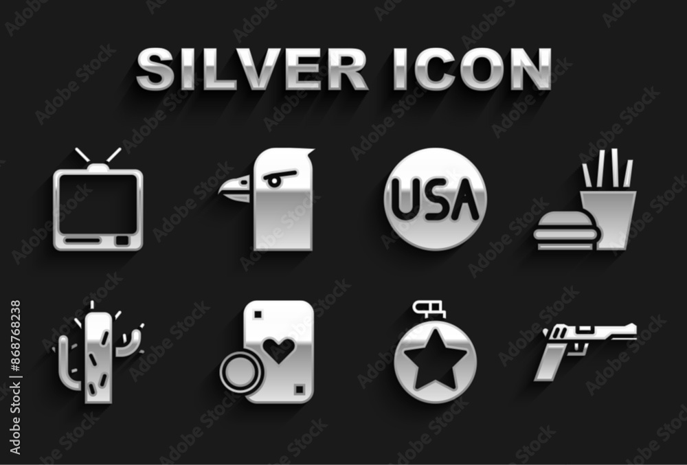 Set Casino chip and playing cards, Burger french fries, Pistol or gun, Canteen water bottle, Cactus, USA label, Retro tv and Eagle head icon. Vector Set Casino chip and playing cards, Burger french fries, Pistol or gun, Canteen water bottle, Cactus, USA label, Retro tv and Eagle head icon. Vector