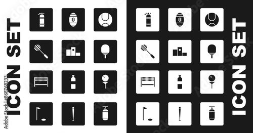 Set Tennis ball, Award over sports winner podium, racket, Aqualung, Racket for playing table tennis, American Football, Golf on tee and Ribbon finishing line icon. Vector