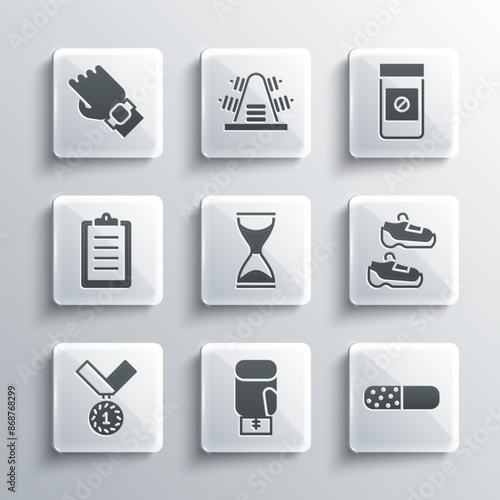Set Boxing glove, Vitamin pill, Sport sneakers, Old hourglass, Medal, training program, Smart watch on hand and Anabolic drugs icon. Vector