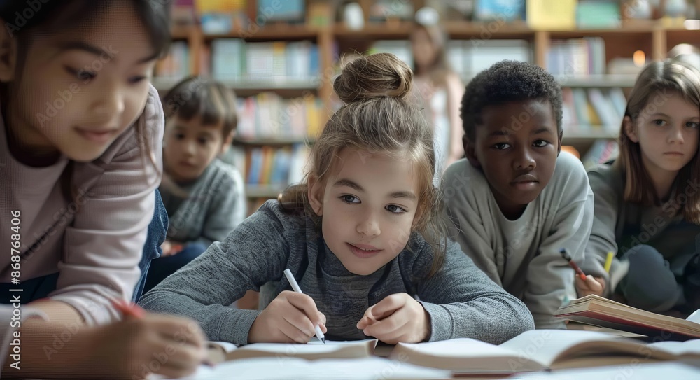 Focused students studying together in a library setting, collaborative learning by a diverse group of children Focused students studying together in a library setting, collaborative learning by a diverse group of children