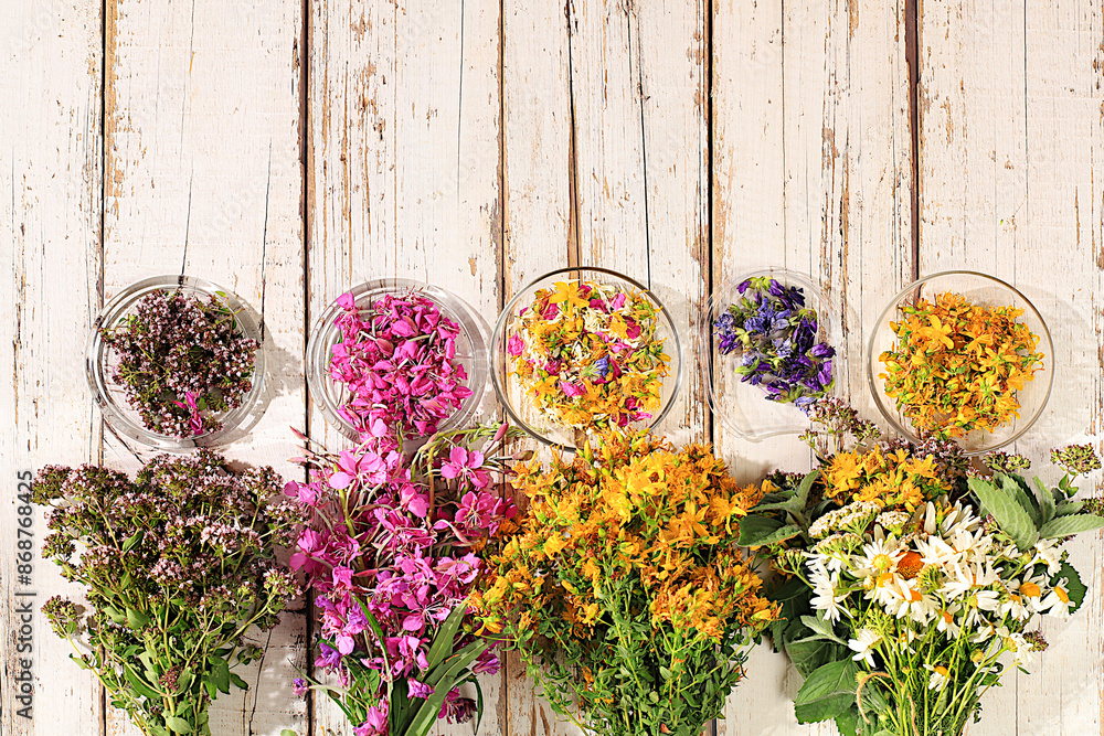 Fototapeta premium Floral arrangement of wild medicinal herbs and flowers on a wooden table, a bouquet of Hypericum, oregano, fireweed, mint, celandine, chamomile and yarrow, a collection of useful herbs for treatment