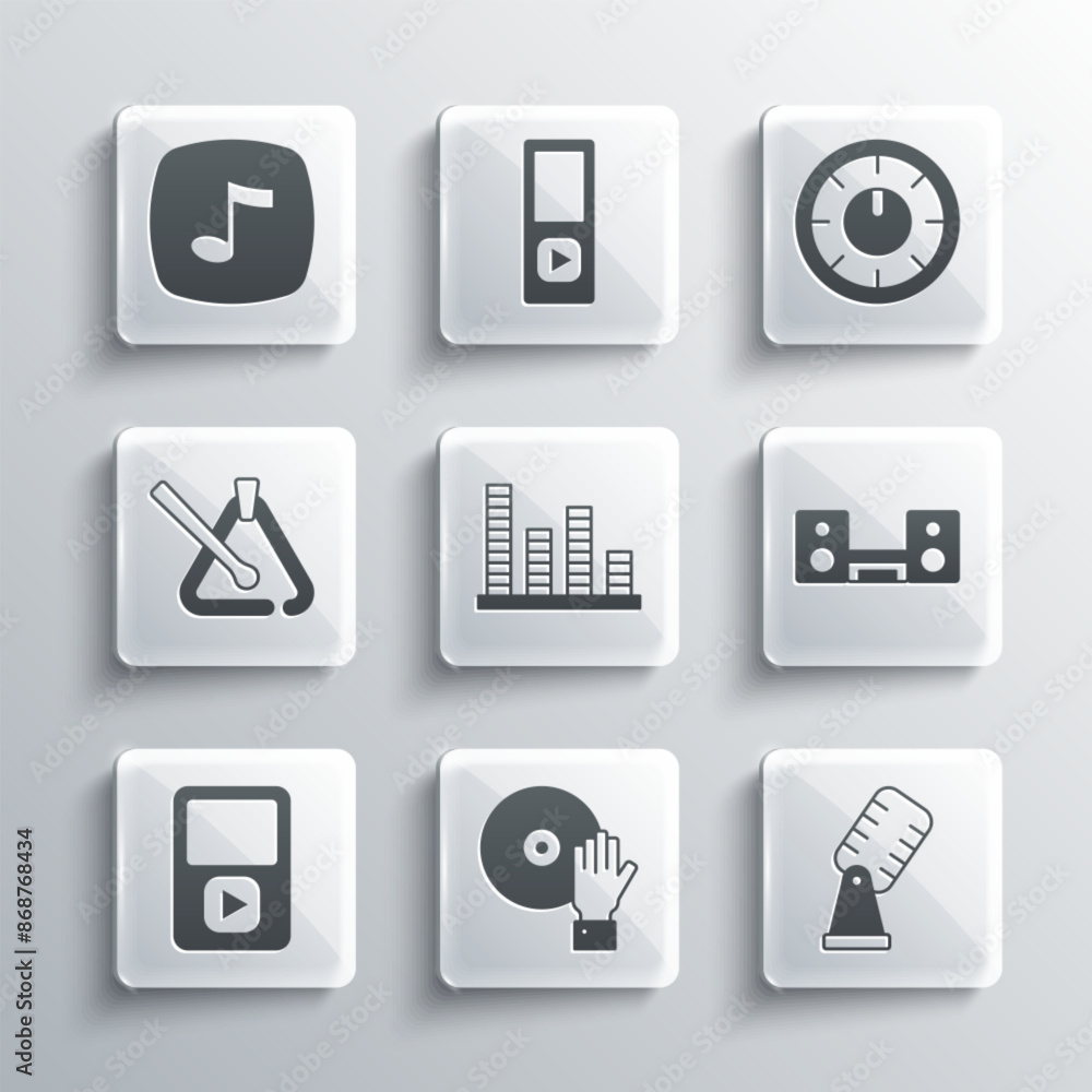 Set DJ playing music, Microphone, Home stereo with two speakers, Music equalizer, player, Triangle musical instrument, note, tone and Sound mixer controller icon. Vector Set DJ playing music, Microphone, Home stereo with two speakers, Music equalizer, player, Triangle musical instrument, note, tone and Sound mixer controller icon. Vector