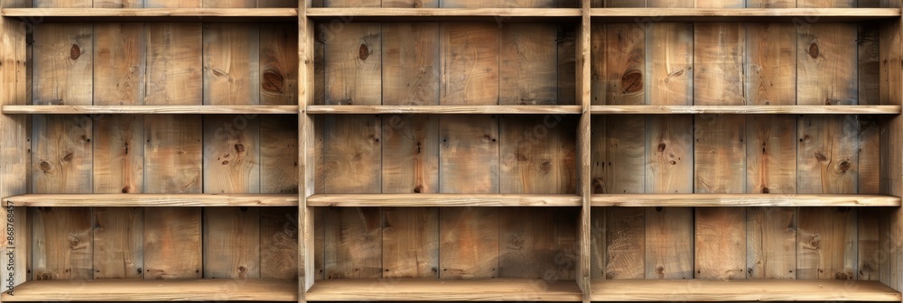 Empty rustic wooden bookshelf with multiple shelves for displaying books, decor, or storage, against a vintage wood wall background. Empty rustic wooden bookshelf with multiple shelves for displaying books, decor, or storage, against a vintage wood wall background.