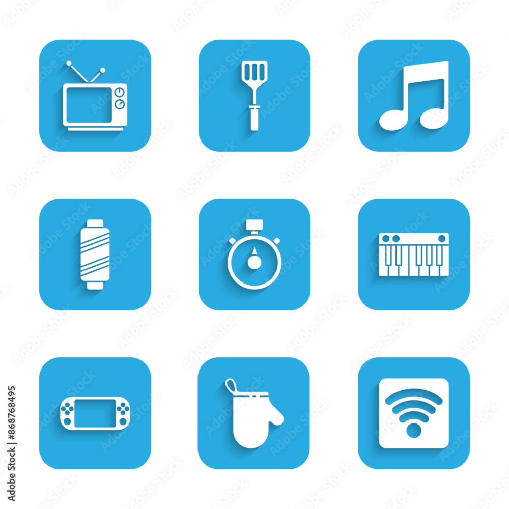 Set Stopwatch, Oven glove, Wi-Fi wireless internet network, Music synthesizer, Portable video game console, Sewing thread spool, note, tone and Retro tv icon. Vector Set Stopwatch, Oven glove, Wi-Fi wireless internet network, Music synthesizer, Portable video game console, Sewing thread spool, note, tone and Retro tv icon. Vector