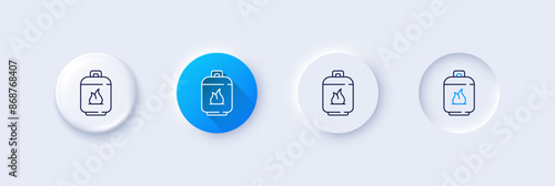 Gas cylinder line icon. Neumorphic, Blue gradient, 3d pin buttons. LPG fuel container sign. Liquefied petroleum gas bottle symbol. Line icons. Neumorphic buttons with outline signs. Vector