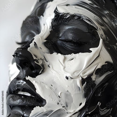 Face covered in expressive black and white paint.
