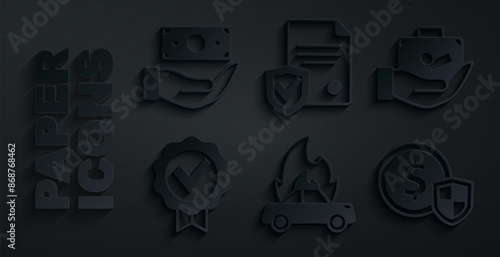 Set Burning car, Travel suitcase hand, Approved check mark, Money with shield, Contract and icon. Vector