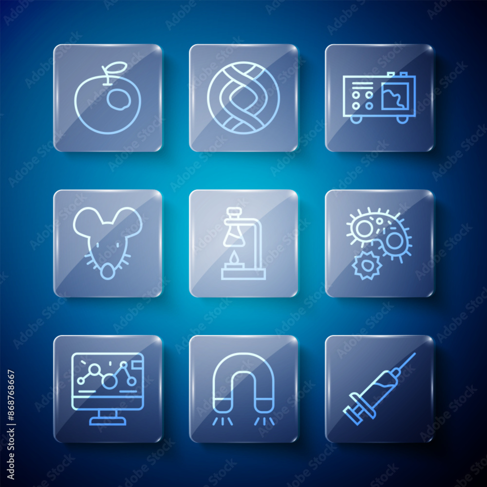 Set line Genetic engineering modification, Magnet, Syringe, Spectrometer, Test tube flask fire, Experimental mouse, Genetically modified apple and Virus icon. Vector Set line Genetic engineering modification, Magnet, Syringe, Spectrometer, Test tube flask fire, Experimental mouse, Genetically modified apple and Virus icon. Vector