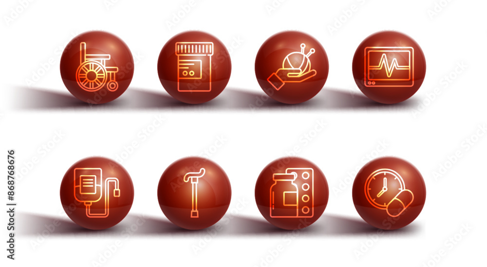 Set line Wheelchair, IV bag, Monitor with cardiogram, Pills in blister pack, Walking stick cane, Medicine bottle and pills, tablet and Yarn ball knitting needles icon. Vector Set line Wheelchair, IV bag, Monitor with cardiogram, Pills in blister pack, Walking stick cane, Medicine bottle and pills, tablet and Yarn ball knitting needles icon. Vector