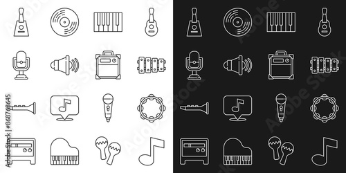 Set line Music note, tone, Tambourine, Xylophone, Grand piano, Speaker volume, Microphone, Balalaika and Guitar amplifier icon. Vector