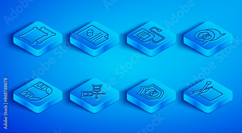 Set line Pillow, Medical prescription, IV bag, Crutch or crutches, Grandmother, Adult diaper and Knitting icon. Vector