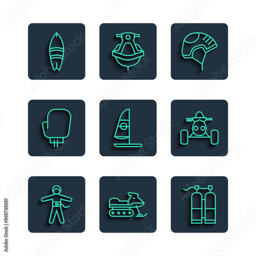 Set line Bungee jumping, Snowmobile, Aqualung, Helmet, Windsurfing, Boxing glove, Surfboard and ATV motorcycle icon. Vector