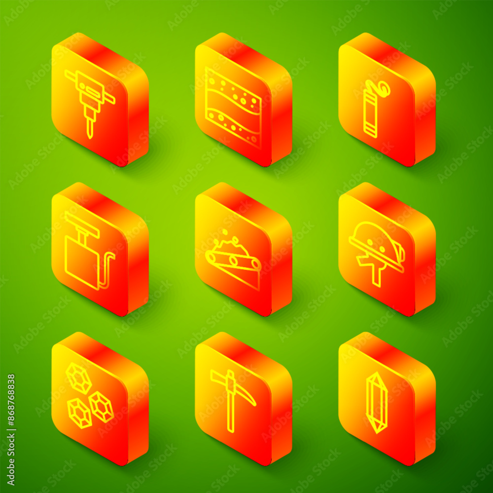 Set line Construction jackhammer, Gold mine, Dynamite, Handle detonator, Conveyor belt carrying coal, Miner helmet, Gem stone and Pickaxe icon. Vector Set line Construction jackhammer, Gold mine, Dynamite, Handle detonator, Conveyor belt carrying coal, Miner helmet, Gem stone and Pickaxe icon. Vector