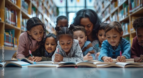 Group of multiethnic children studying together in a library setting
